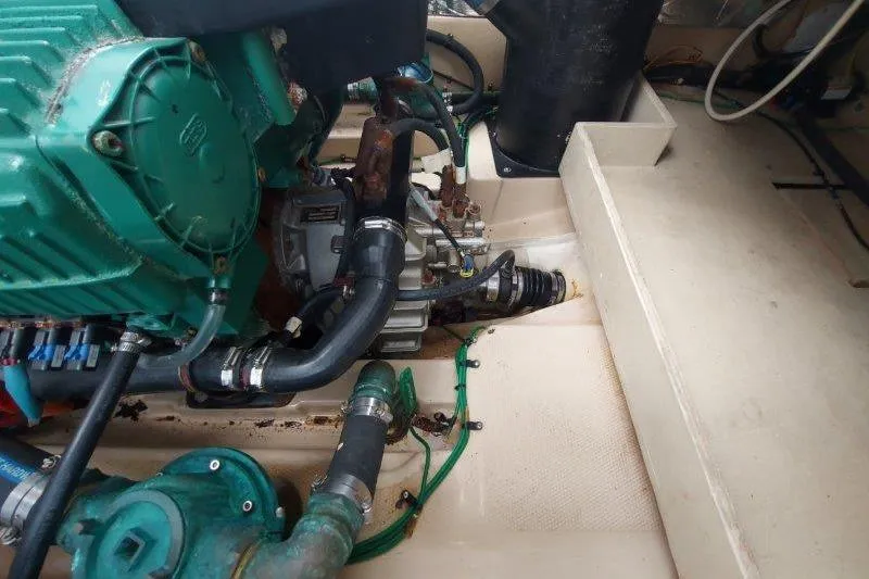 Miller Time Yacht Photos Pics Engine compartment of a 2018 Cutwater C-30 CB boat, showing mechanical components and hoses.