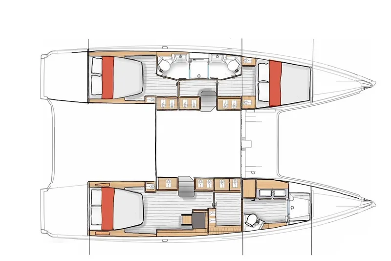 Tbd Yacht Photos Pics Floor plan of 2026 Excess 13 catamaran, featuring spacious cabins and modern amenities.