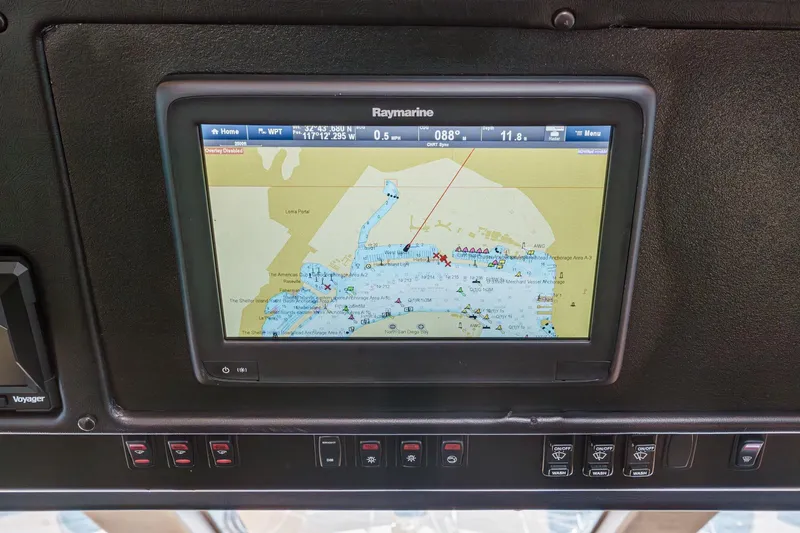  Yacht Photos Pics Raymarine navigation display on 2003 Carver 570 Voyager Pilothouse yacht dashboard.