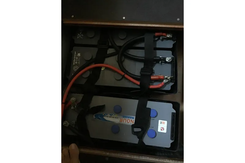 Rewind Yacht Photos Pics Battery compartment of a 2007 Lagoon 440 catamaran with secured wiring.