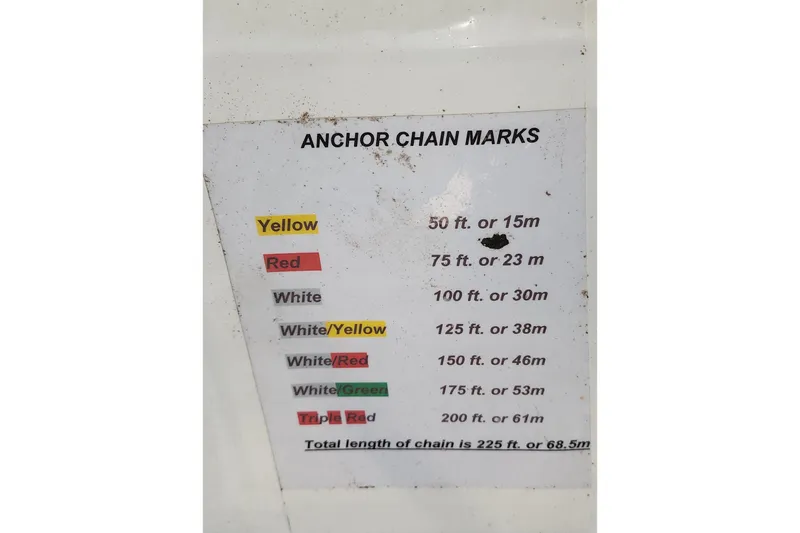 Danza Yacht Photos Pics Anchor chain marks guide for Hanse 400e 2007, detailing color-coded lengths in feet and meters.