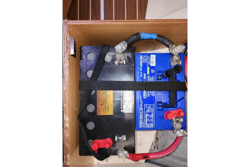 Danza Yacht Photos Pics Battery compartment of a 2007 Hanse 400e yacht with secured connections.