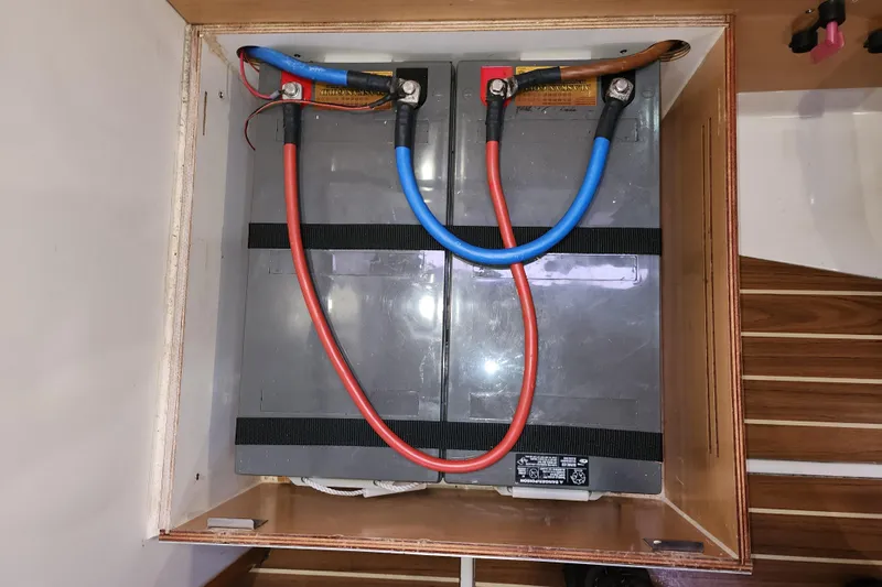 Danza Yacht Photos Pics Battery compartment of a 2007 Hanse 400e yacht with connected cables.
