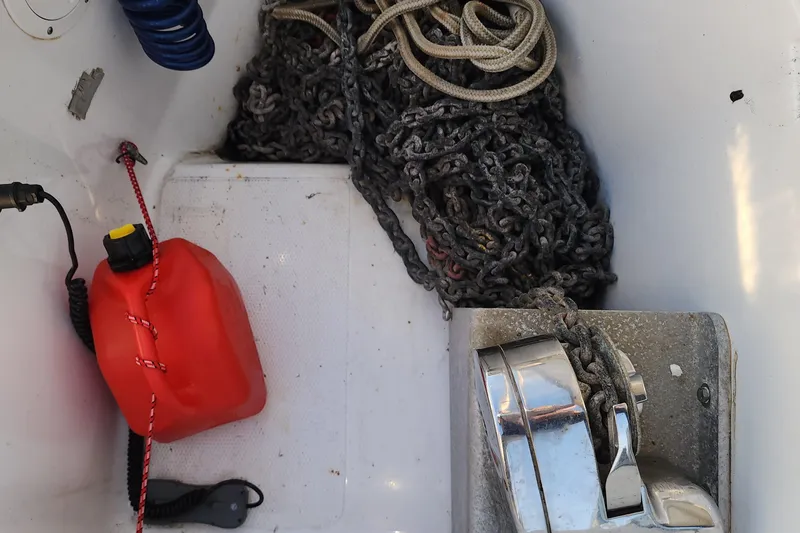 Danza Yacht Photos Pics Anchor chain and rope storage on a 2007 Hanse 400e sailboat.