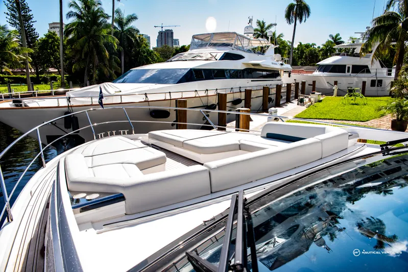 Fairline Phantom Yacht Photos Pics 2023 Fairline Phantom 65 yacht docked in a sunny marina with palm trees.