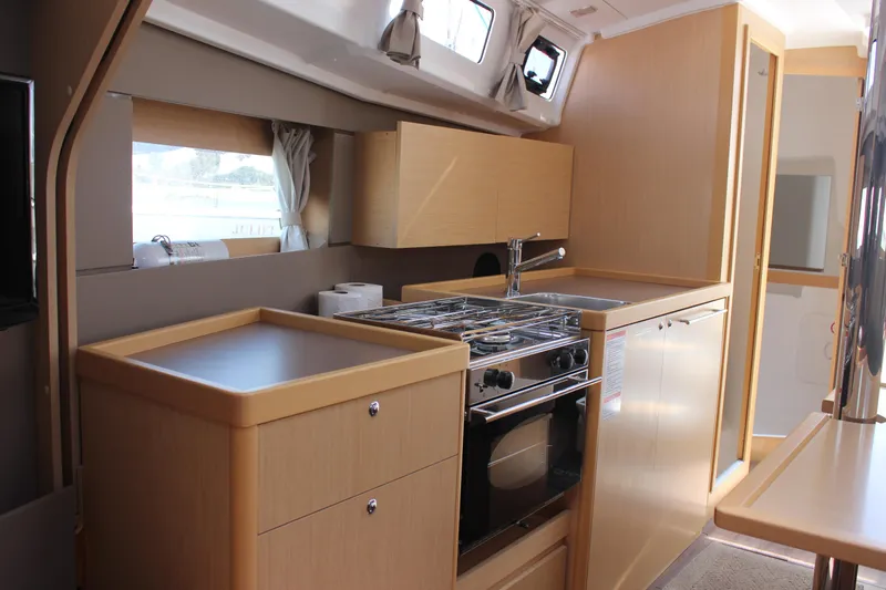 Silver Lining Yacht Photos Pics Interior of Beneteau Oceanis 35 yacht kitchen, 2015 model.