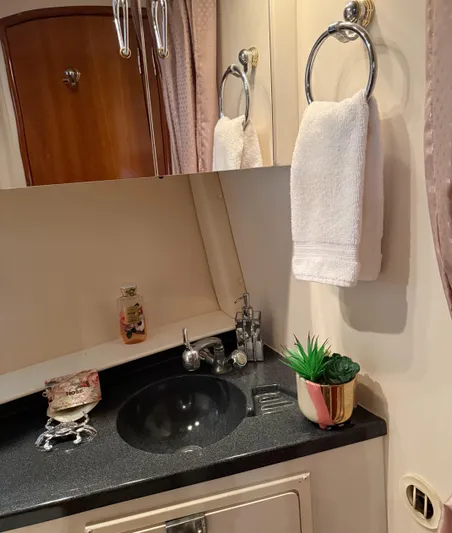 Miracles Yacht Photos Pics Bathroom interior of 2006 Carver 41 Cockpit Motor Yacht with sink and decor.