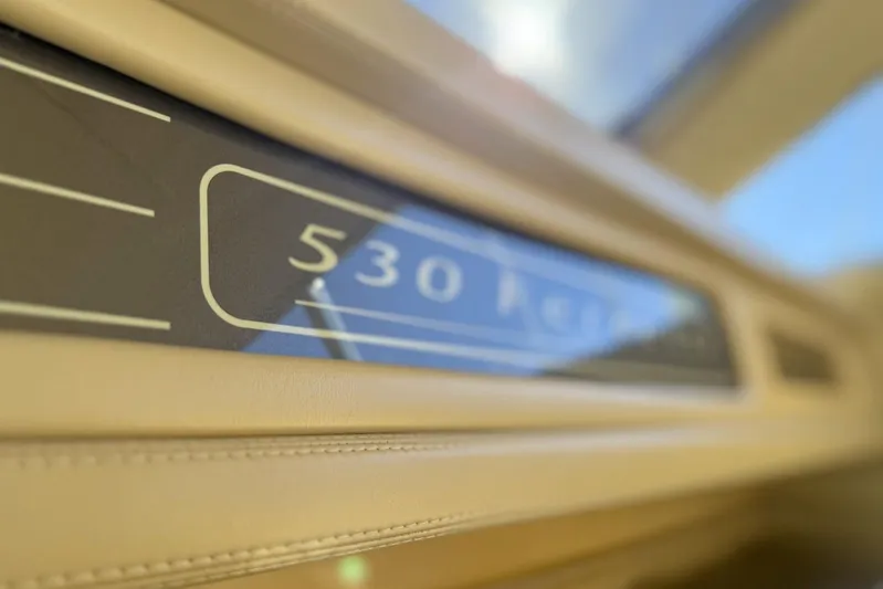 M/y Kosmos II Yacht Photos Pics Close-up of 2006 Ferretti 530 interior detail with logo and stitching.