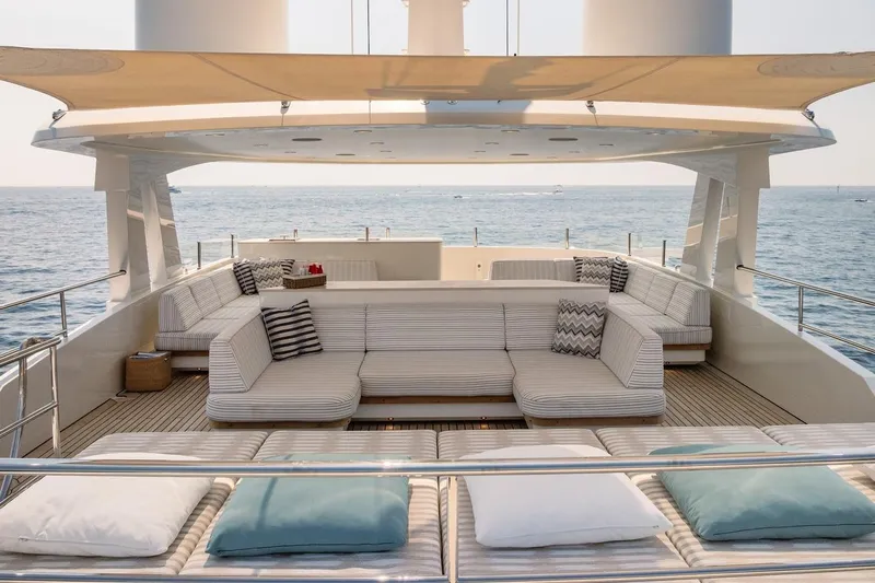 Kokoro Yacht Photos Pics Luxurious 2020 Moonen Martinique YN1 yacht deck with elegant seating and ocean view.