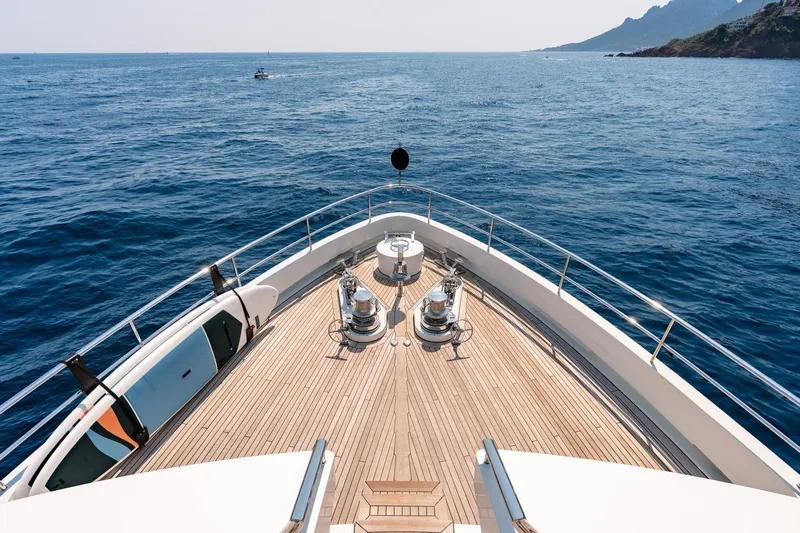 Kokoro Yacht Photos Pics Luxurious 2020 Moonen Martinique YN1 yacht deck with ocean view and distant coastline.