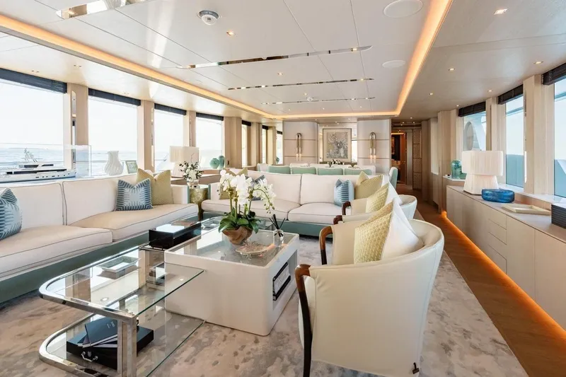 Kokoro Yacht Photos Pics Luxurious interior of 2020 Moonen Martinique YN1 yacht with elegant seating and decor.