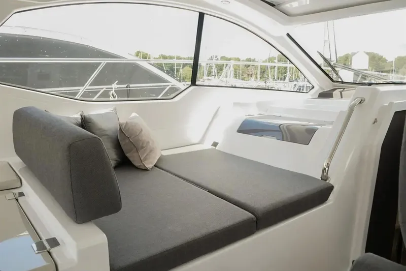  Yacht Photos Pics Interior of 2024 Azimut Atlantis 45 yacht with modern seating and large windows.