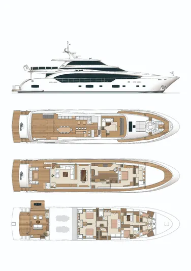 Miss Michelle Yacht Photos Pics Luxury yacht Horizon 122RP 2025 model with detailed floor plans and side view.