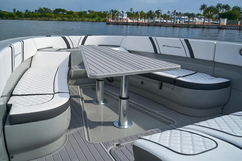 Ghost Yacht Photos Pics Luxurious seating area on 2021 Midnight Express 43 Open boat.