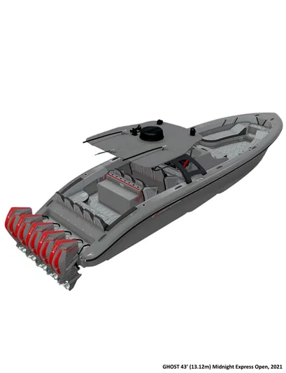 Ghost Yacht Photos Pics 2021 Midnight Express 43 Open boat with quad engines, sleek design.