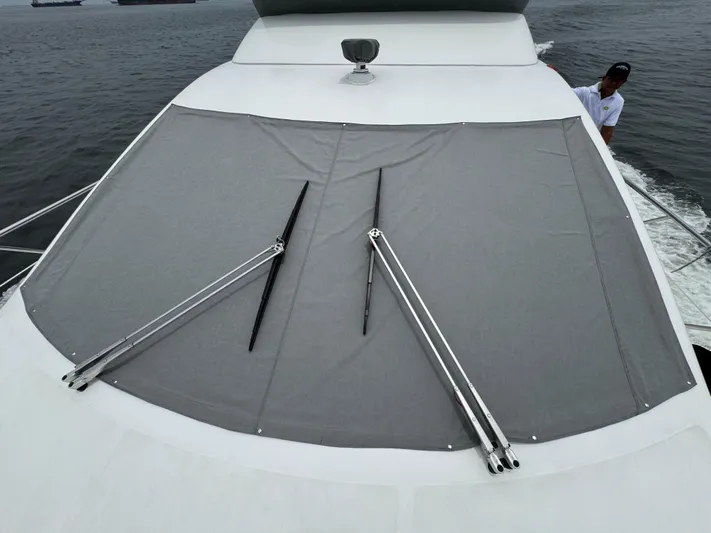 Miss Understood Yacht Photos Pics 2015 Azimut 64 yacht with covered windshield and visible wipers on open water.