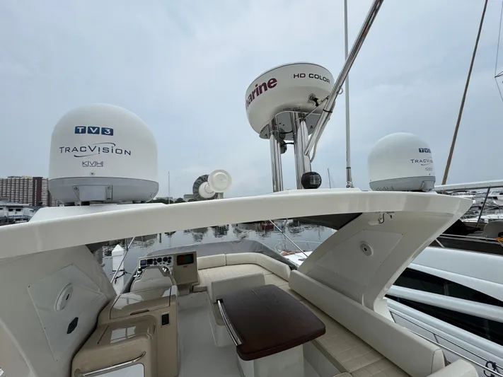 Miss Understood Yacht Photos Pics 2015 Azimut 64 yacht with advanced navigation equipment and comfortable seating on deck.