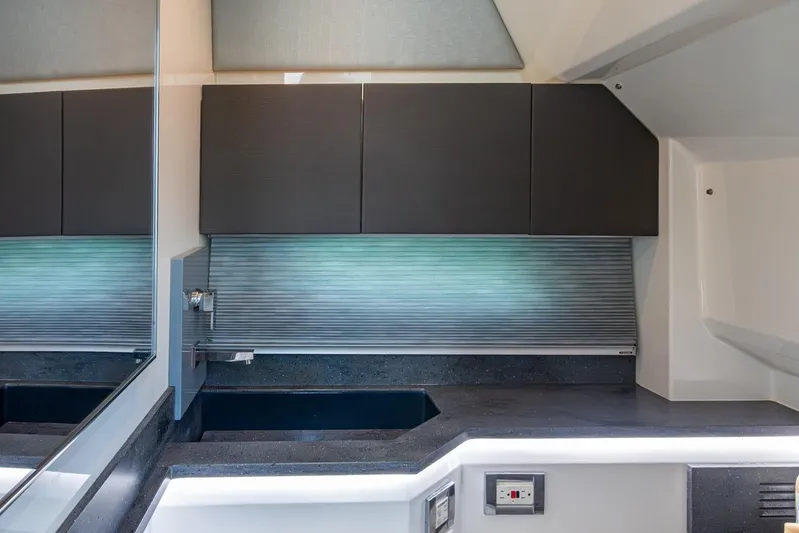  Yacht Photos Pics 2019 Formula 430 Super Sport Crossover interior with sleek cabinetry and modern design.