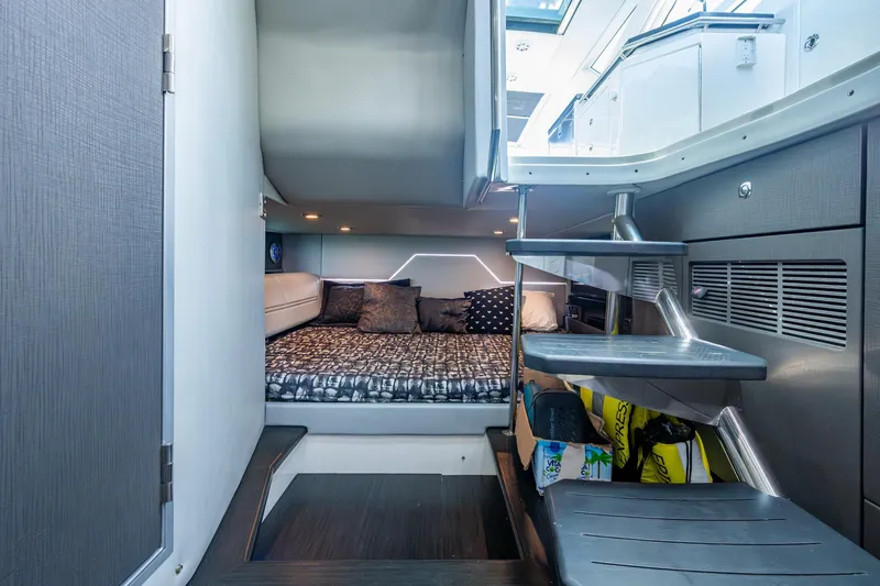  Yacht Photos Pics 2019 Formula 430 Super Sport Crossover cabin interior with modern design and cozy bedding.