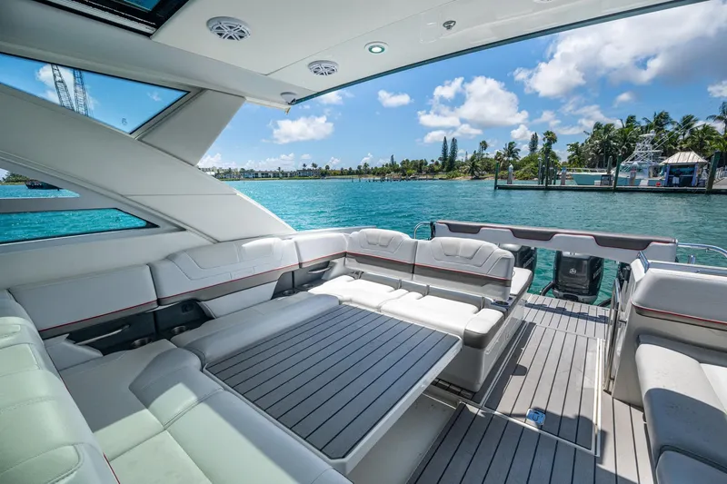  Yacht Photos Pics Luxurious 2019 Formula 430 Super Sport Crossover yacht interior with spacious seating and scenic water view.
