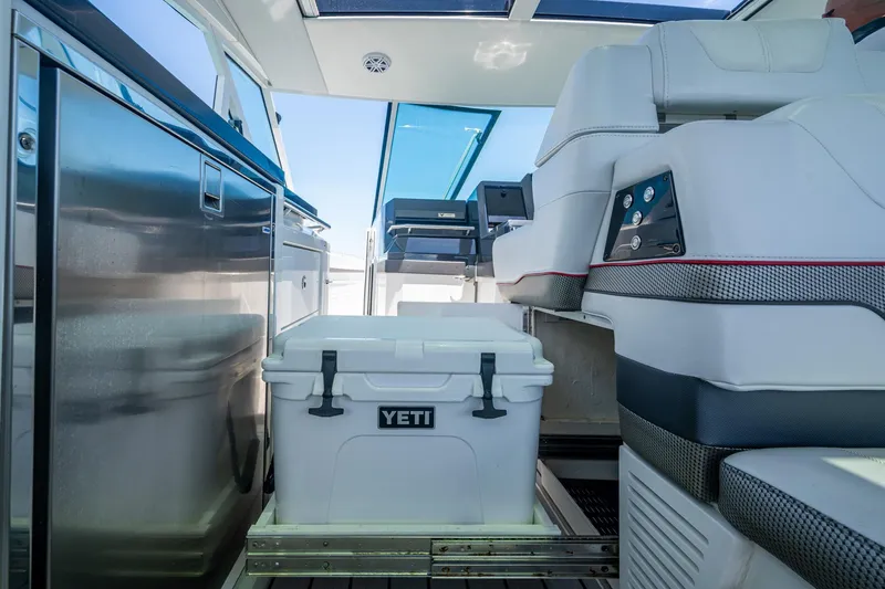  Yacht Photos Pics Interior of 2019 Formula 430 Super Sport Crossover with Yeti cooler and modern seating.