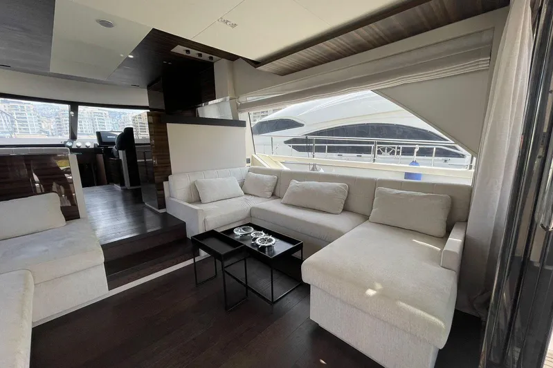  Yacht Photos Pics Luxurious interior of 2021 Ferretti Yachts 670 with elegant seating and modern design.