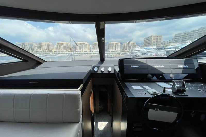  Yacht Photos Pics Interior view of 2021 Ferretti Yachts 670 helm with Simrad navigation system.