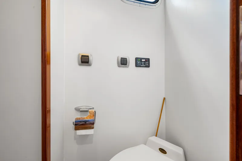 Tortuga Yacht Photos Pics Bathroom interior of 2001 Catana 582 yacht with modern fixtures.