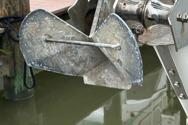 Eos Yacht Photos Pics Close-up of a weathered boat anchor on a Passport 470, 2006 model.