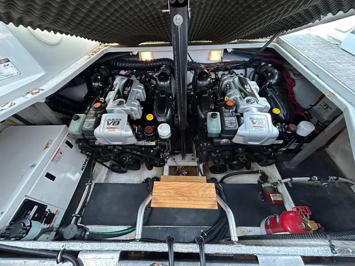  Yacht Photos Pics Engine compartment of a 2015 Crownline 350 SY boat with dual V8 engines.