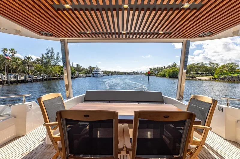  Yacht Photos Pics 2024 Astondoa 66 Flybridge yacht deck with scenic waterfront view.