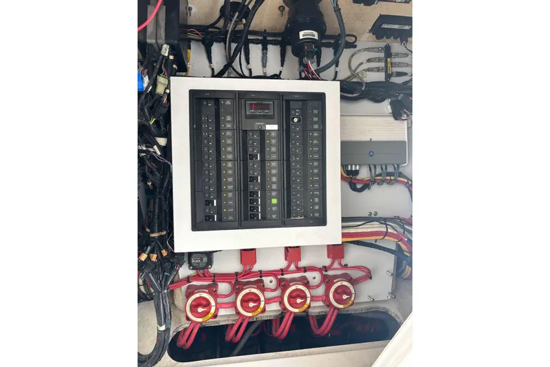  Yacht Photos Pics Electrical panel of 2017 Venture 39 Open boat with wiring and switches.