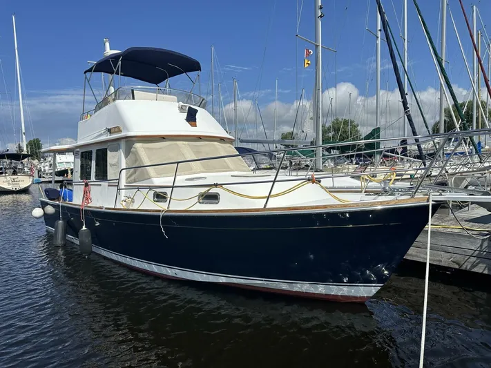 Blue Goose Yacht Photos Pics 2003 Sabre 36 Fly Bridge Sedan docked at marina under clear blue sky.