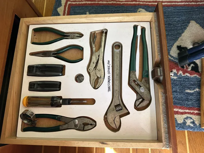 Blue Goose Yacht Photos Pics Drawer with assorted tools on a 2003 Sabre 36 Fly Bridge Sedan.