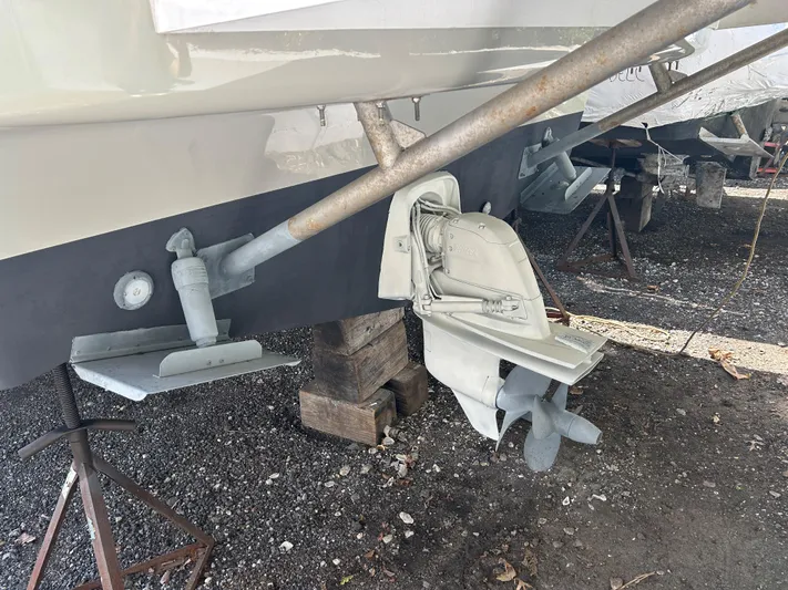  Yacht Photos Pics 2017 Bavaria S36 Coupe boat propeller and rudder on dry dock.