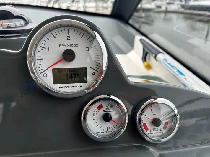  Yacht Photos Pics Dashboard of 2017 Bavaria S36 Coupe showing RPM, engine hours, and voltage gauges.