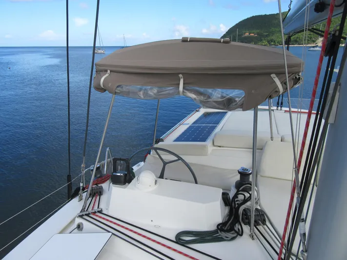 Lady Ana Yacht Photos Pics Bali 4.1 catamaran helm with canopy, solar panel, and ocean view, 2020 model.