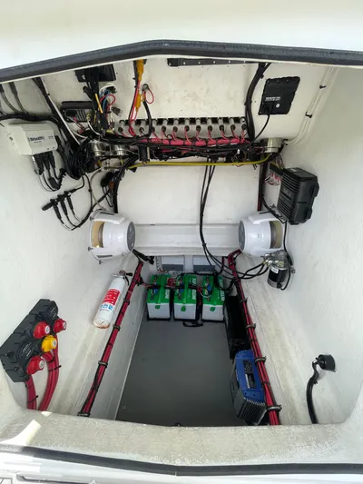  Yacht Photos Pics Electrical compartment of 2021 Orion 29CC boat with batteries and wiring.