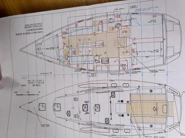 Monica Yacht Photos Pics Blueprint of 2006 Alubat Ovni 395 Centerboard sailboat, showing detailed interior and deck layout.