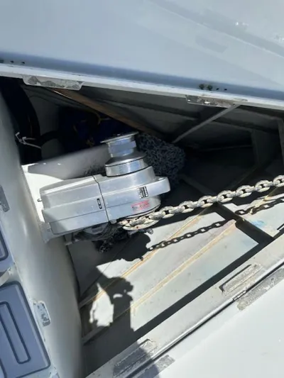 Monica Yacht Photos Pics Anchor chain and winch system on 2006 Alubat Ovni 395 Centerboard sailboat.