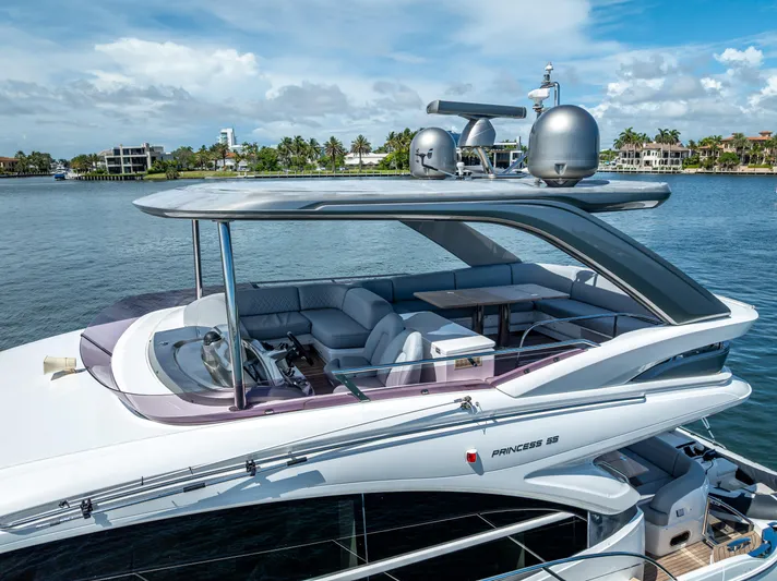  Yacht Photos Pics Luxurious 2018 Princess F55 yacht with spacious deck and modern design on a sunny day.