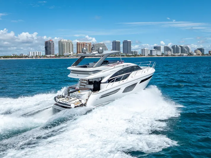  Yacht Photos Pics Luxury Princess F55 yacht cruising near city skyline, 2018 model.