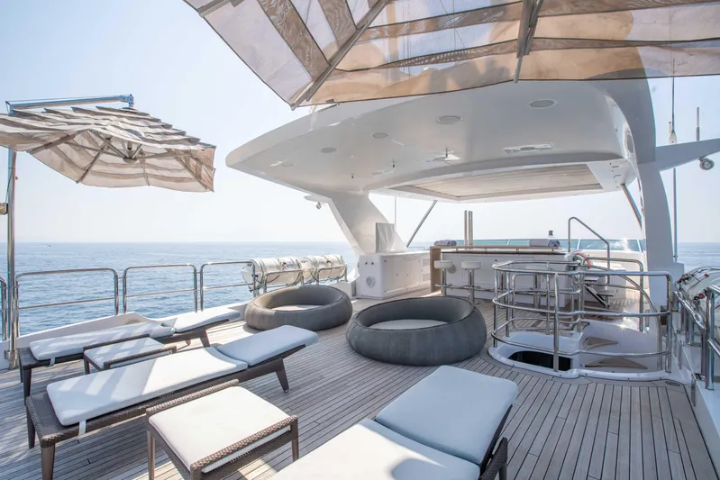 Safad Yacht Photos Pics Luxurious deck of 2015 Benetti 121 yacht with sun loungers and shaded seating.