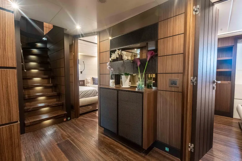 Safad Yacht Photos Pics Luxurious interior of 2015 Benetti 121 yacht with wooden flooring and elegant decor.