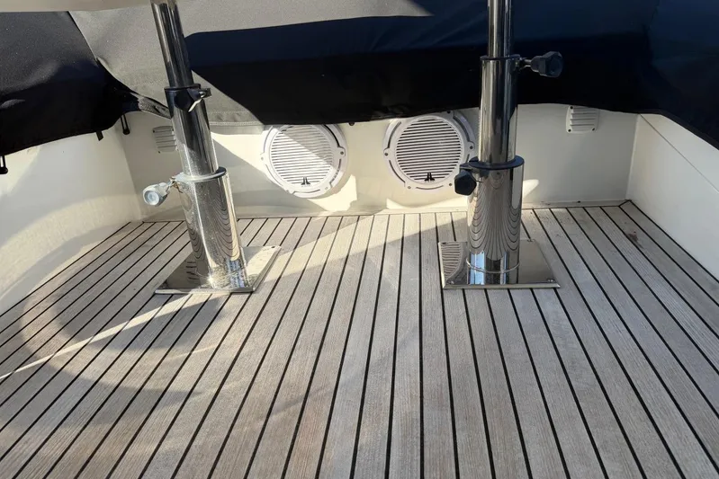  Yacht Photos Pics Teak deck of 2019 Galeon 470 Sky yacht with stainless steel fixtures.