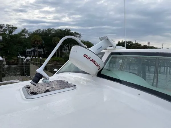 Bobcat Yacht Photos Pics Damaged radar on Cruiser Cats Havana 38 boat, 2010 model, docked near trees and water.