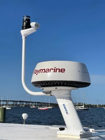 Bobcat Yacht Photos Pics Raymarine radar on Cruiser Cats Havana 38, 2010 model, with a scenic harbor backdrop.