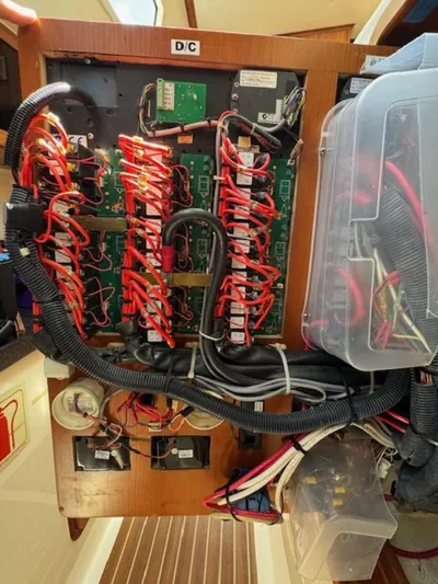 Bobcat Yacht Photos Pics Electrical panel of a 2010 Cruiser Cats Havana 38, showcasing intricate wiring and components.