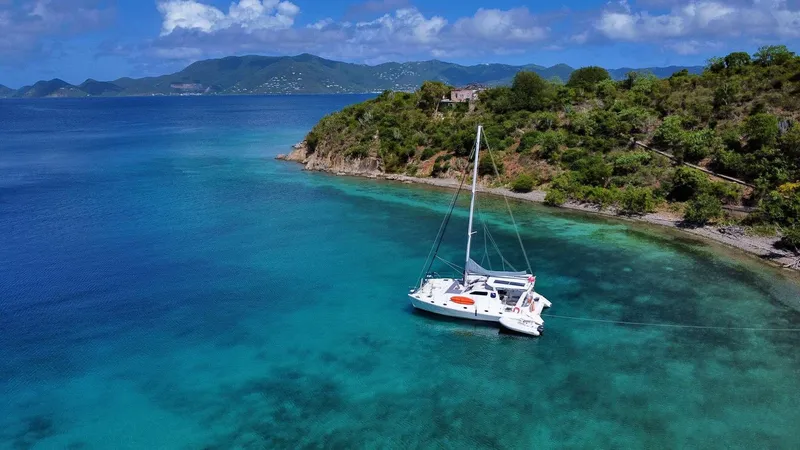 Chef De Mere Yacht Photos Pics Royal Cape Catamarans 50 (2006) anchored in clear turquoise waters near a lush coastline.