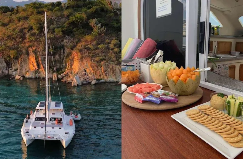 Chef De Mere Yacht Photos Pics Royal Cape Catamarans 50, 2006 model, anchored near scenic cliffs with onboard snacks.